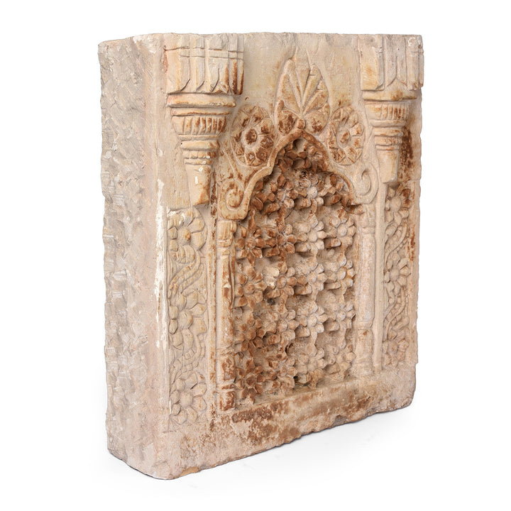 Depth View Of Old Carved Stone Jali Panel From Rajasthan | Indigo Antiques