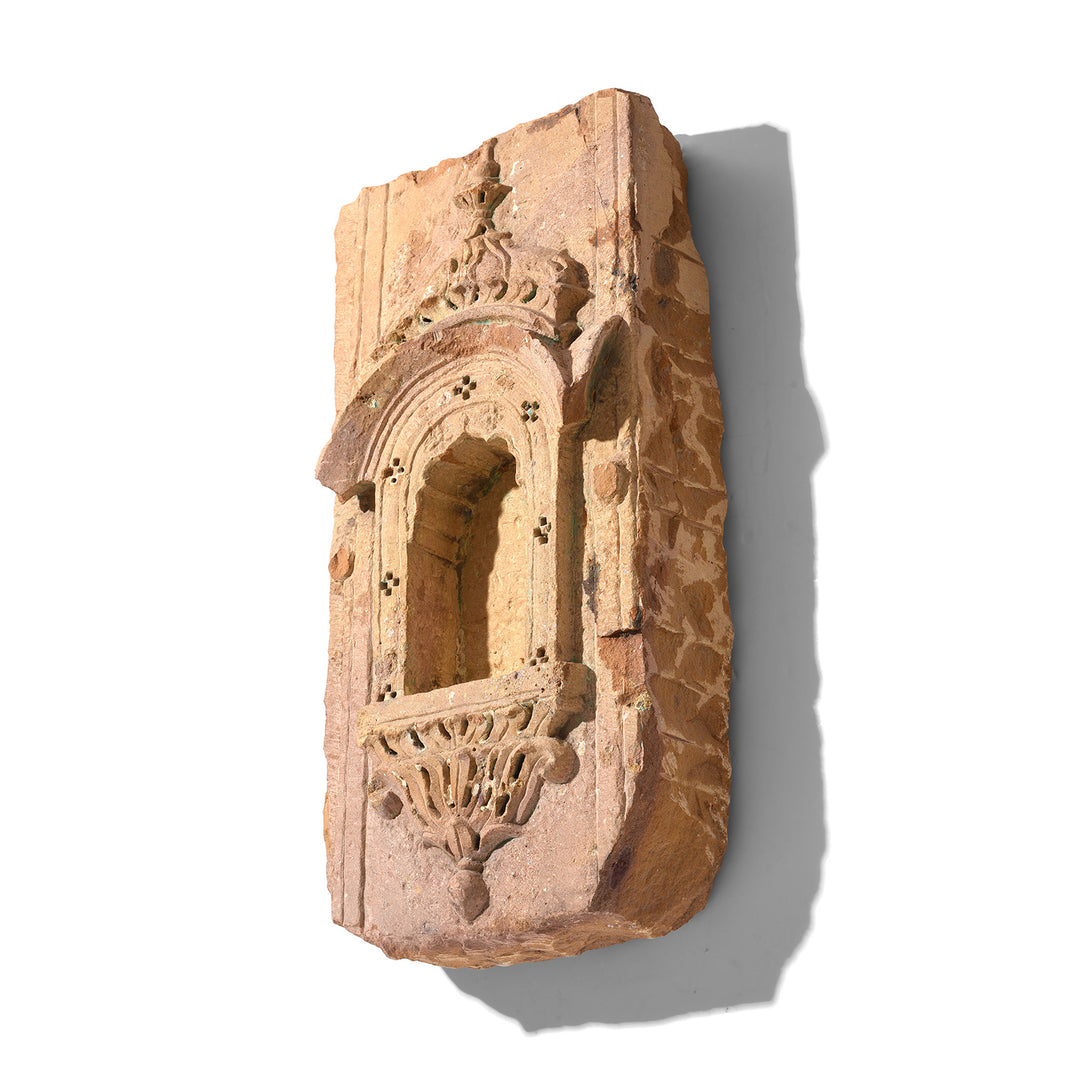 Angled VIew Of Antique Carved Stone Jharokha Lamp Niche From Rajasthan | Indigo Antiques