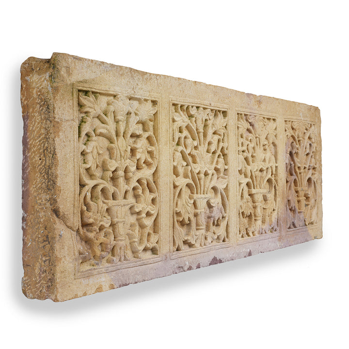 Angled VIew Of Antique Indian Carved Mughal Style Stone Balcony Front | Indigo Antiques