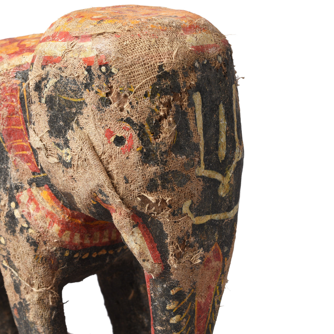 Face Detail From Antique Painted Wooden Elephant From Orissa | Indigo Antiques