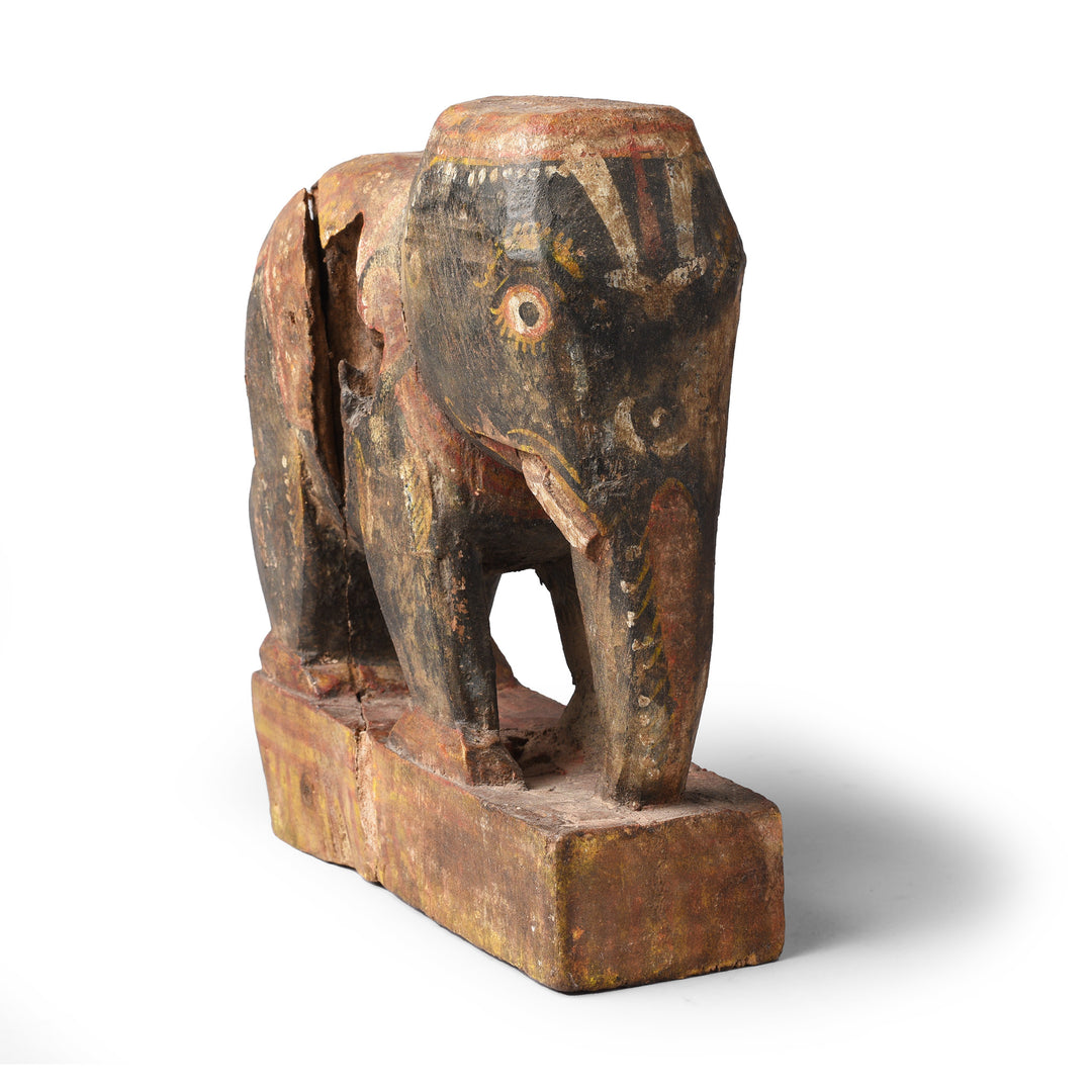 Angled VIew Of Antique Painted Wooden Elephant From Orissa | Indigo Antiques