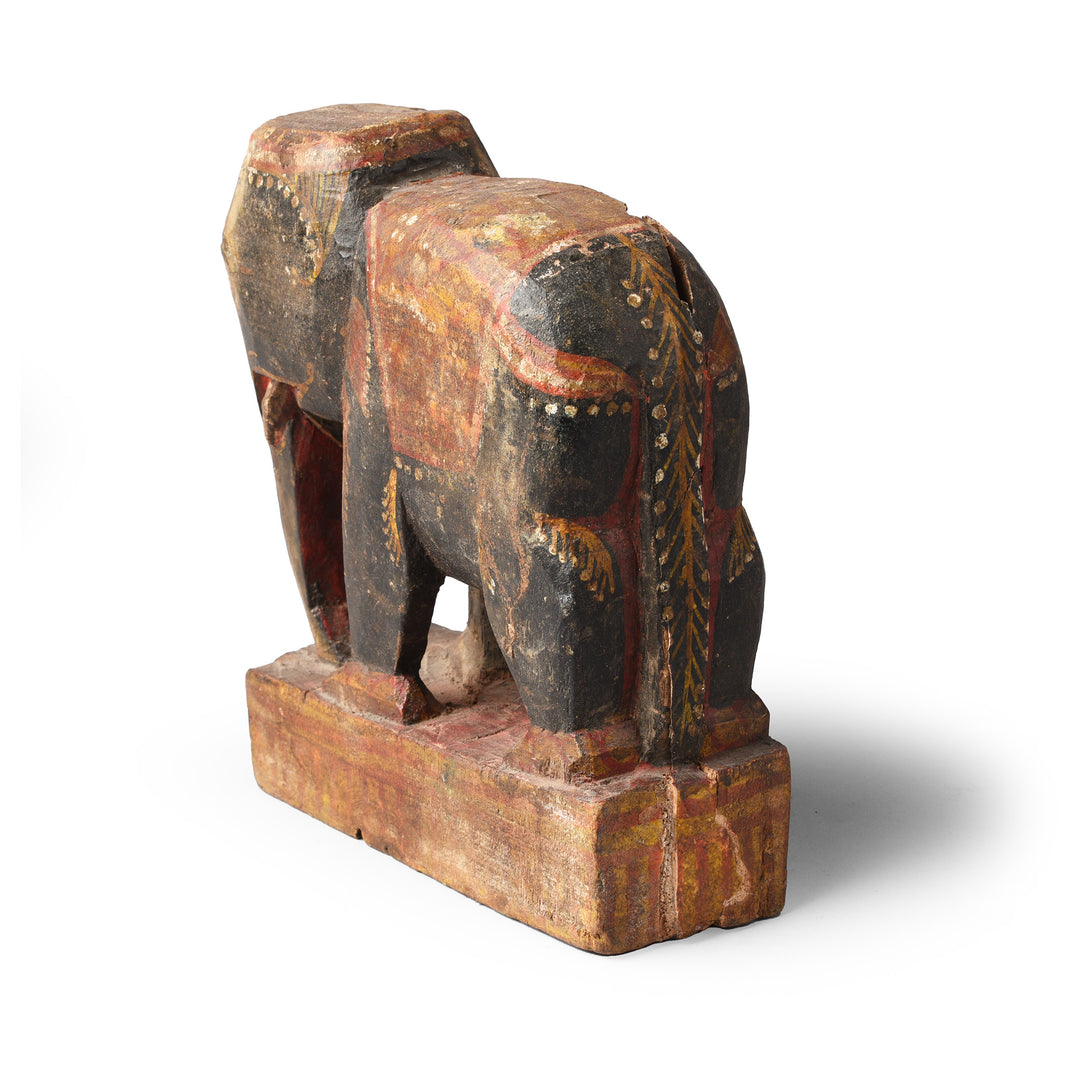 Angled VIew Of Antique Painted Wooden Elephant From Orissa | Indigo Antiques