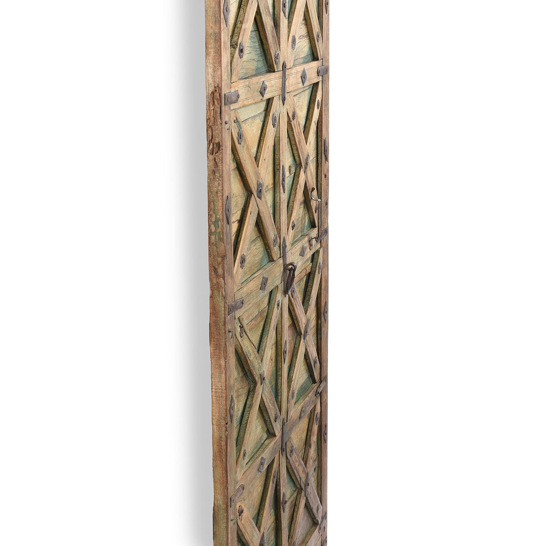 Depth View Of Green Washed Antique Stick Door Panel From Jaisalmer | Indigo Antiques