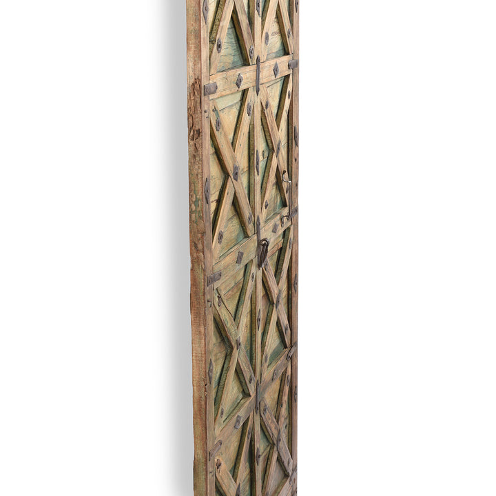 Depth View Of Green Washed Antique Stick Door Panel From Jaisalmer | Indigo Antiques