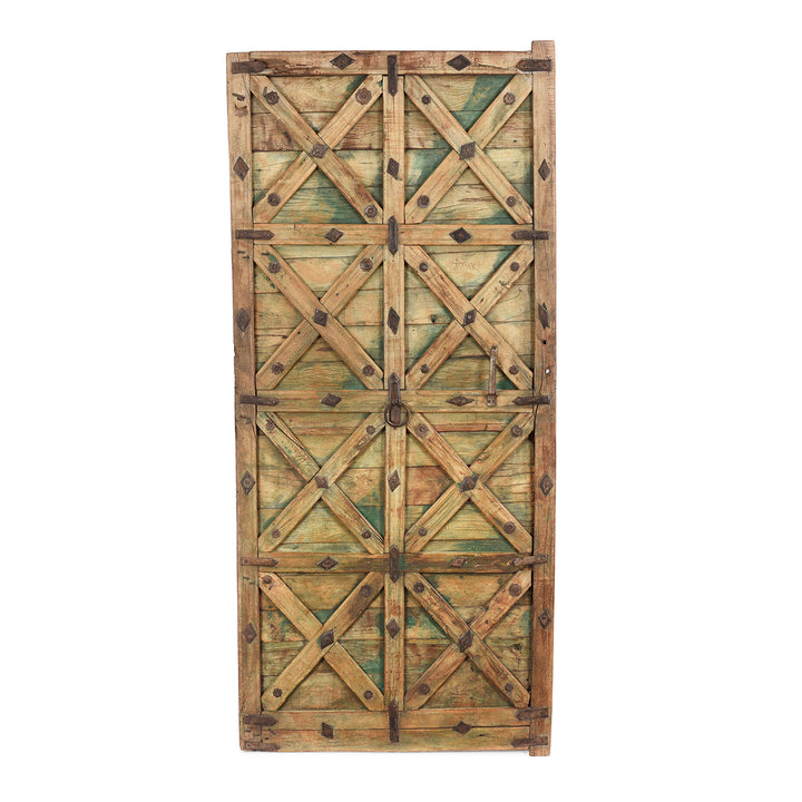 Green Washed Antique Stick Door Panel From Jaisalmer | Indigo Antiques