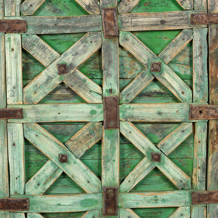 Painting Detail from an Antique Green Painted Indian Wooden Stick Door From Jaisalmer - 19thC | Indigo Antiques