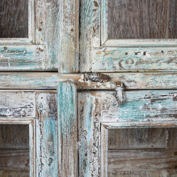Detail OfAntique Indian Green Painted Teak Glazed Cabinet | Indigo Antiques