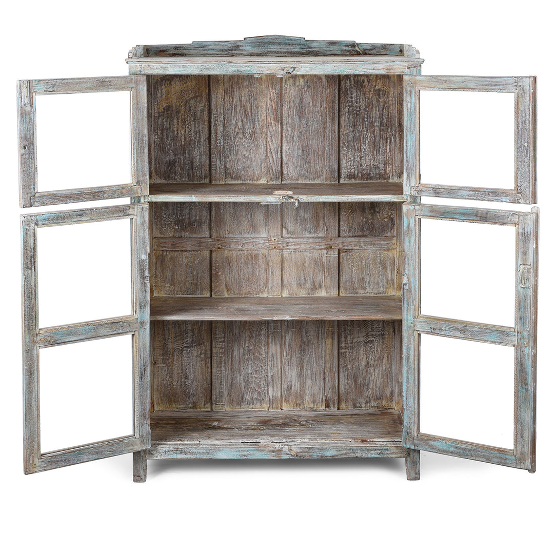 Open Antique Indian Green Painted Teak Glazed Cabinet | Indigo Antiques