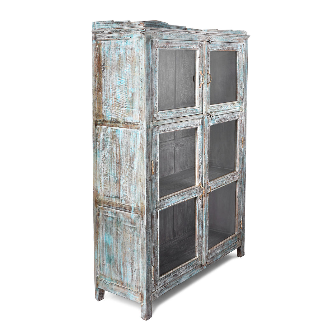 Angled View Of Antique Indian Green Painted Teak Glazed Cabinet | Indigo Antiques