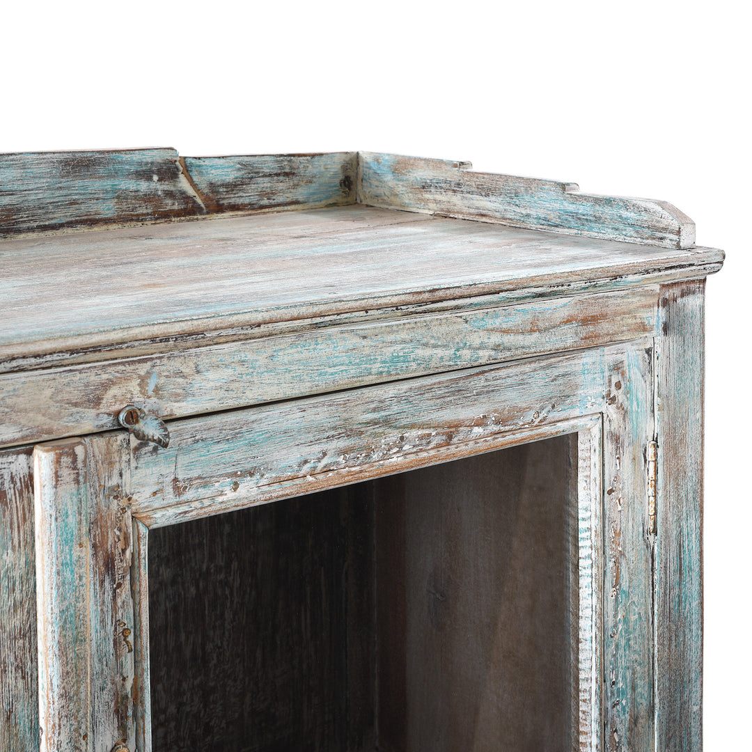 Angled Close Up Of Antique Indian Green Painted Teak Glazed Cabinet | Indigo Antiques