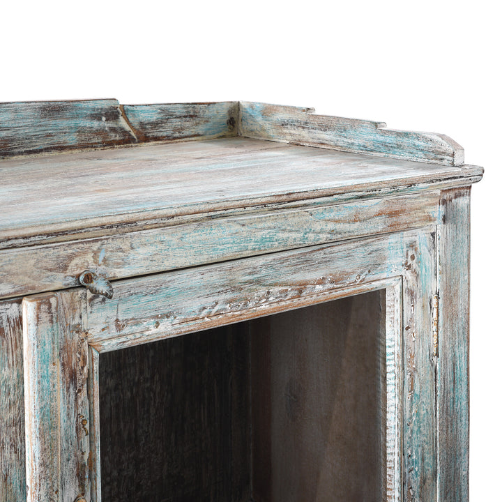 Angled Close Up Of Antique Indian Green Painted Teak Glazed Cabinet | Indigo Antiques