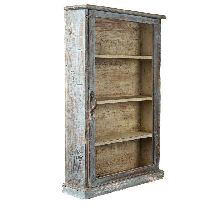 Angled View of Antique Blue Painted Glazed Wall Cabinet - Ca 1930 | Indigo Antiques