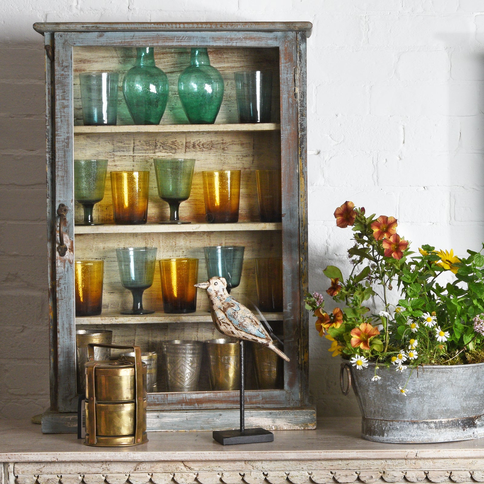 Antique Blue Painted Glazed Wall Cabinet - Ca 1930 | Indigo Antiques