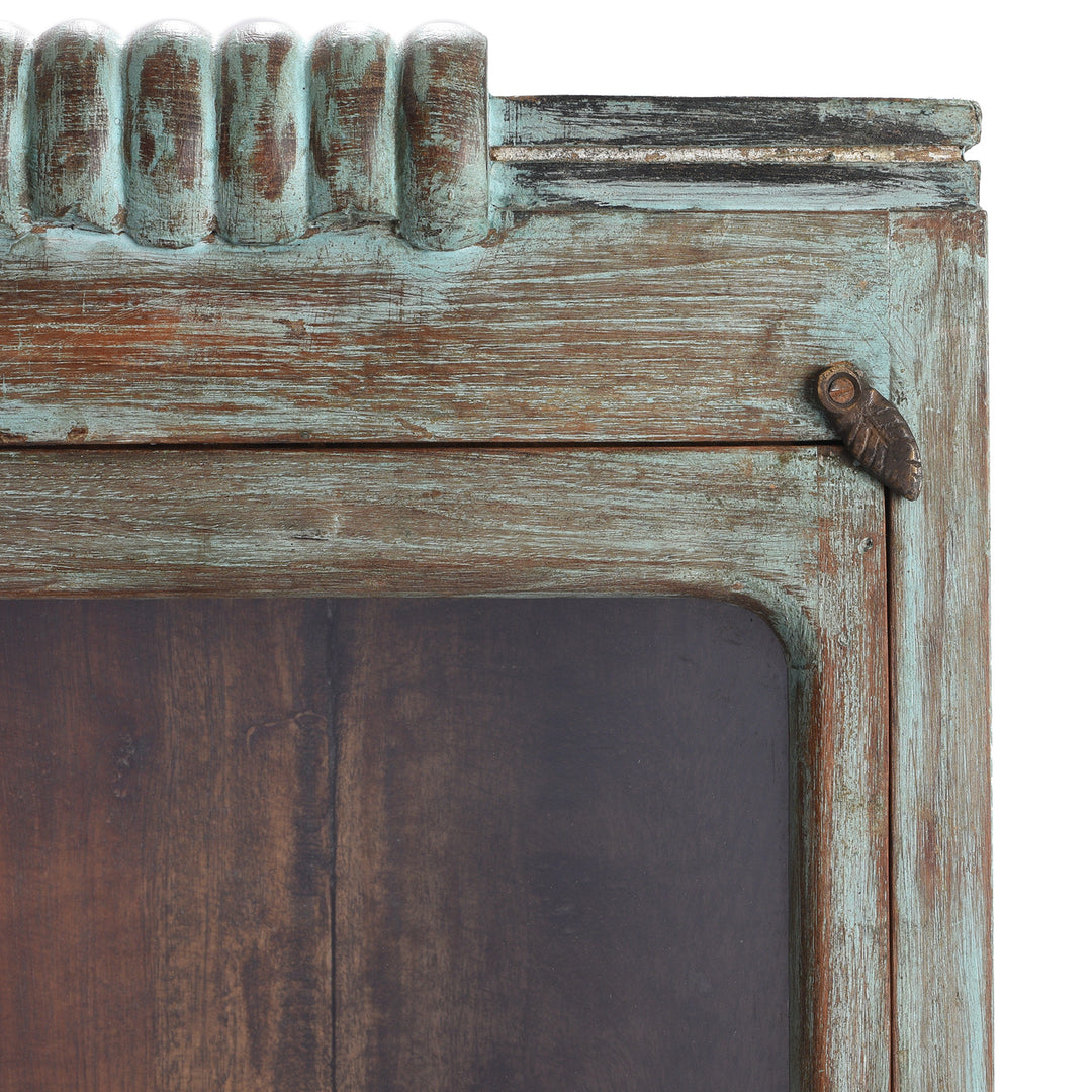 Corner Detail From Antique Glazed Teak Wall Cabinet  | Indigo Antiques