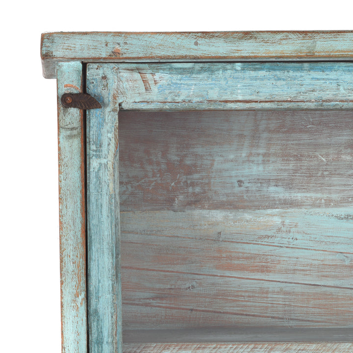 Corner Detail From Blue Painted Glazed Wall Cabinet - Ca 1920 | Indigo Antiques