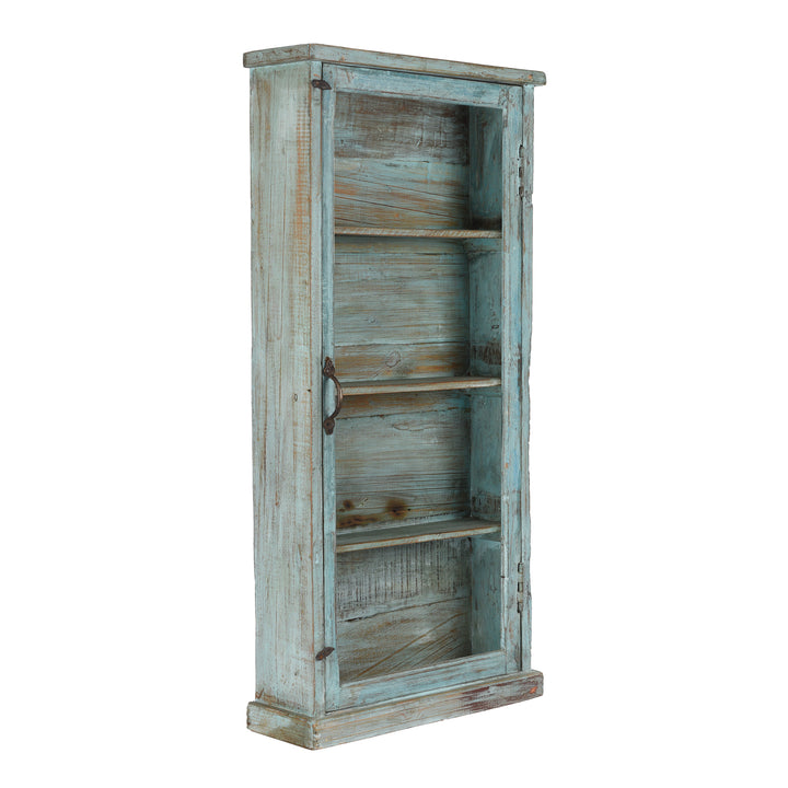 Angled View Of Blue Painted Glazed Wall Cabinet - Ca 1920 | Indigo Antiques