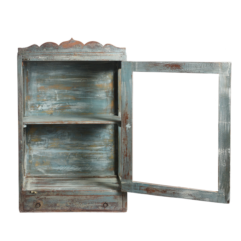 Open Door View Of Antique Large Blue Painted Glazed Large Wall Cabinet - Ca 1920 | Indigo Antiques