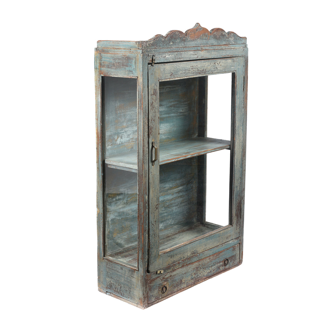 Angled View Of Antique Large Blue Painted Glazed Large Wall Cabinet - Ca 1920 | Indigo Antiques