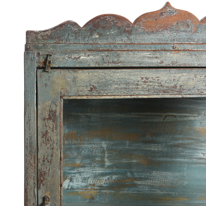 Corner Detail From Antique Large Blue Painted Glazed Large Wall Cabinet - Ca 1920 | Indigo Antiques