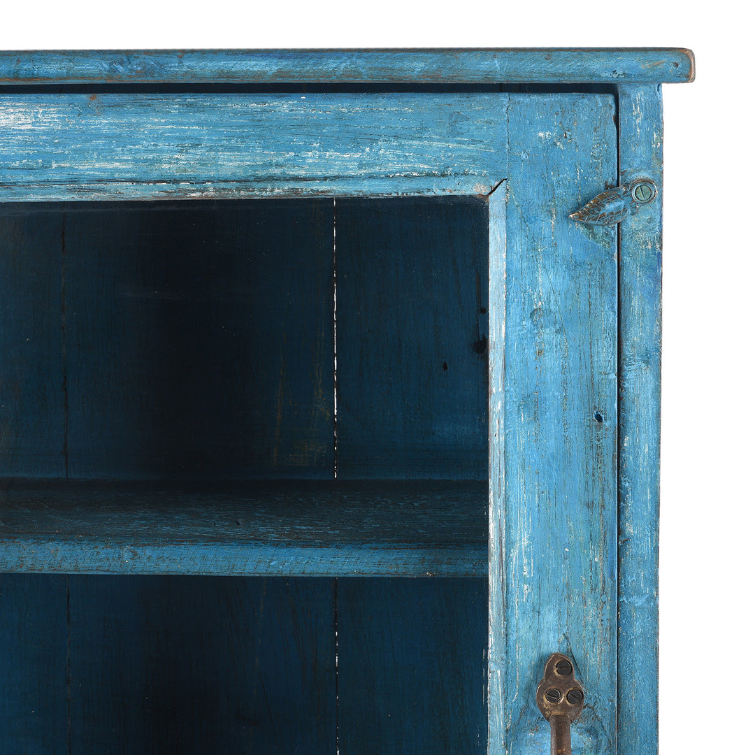 Corner Detail From Antique Blue Painted Glazed Large Wall Cabinet - Ca 1920 | Indigo Antiques