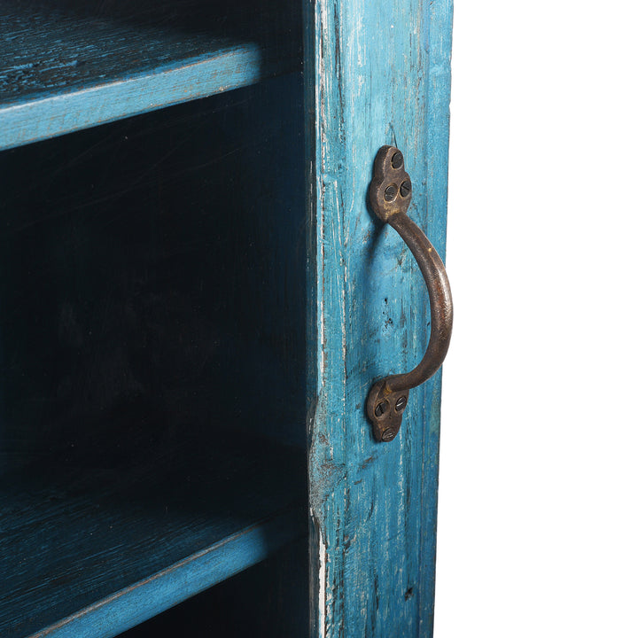 Handle Detail From Antique Blue Painted Glazed Large Wall Cabinet - Ca 1920 | Indigo Antiques