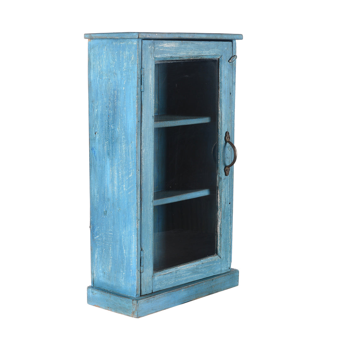 Angled View Of Antique Blue Painted Glazed Large Wall Cabinet - Ca 1920 | Indigo Antiques