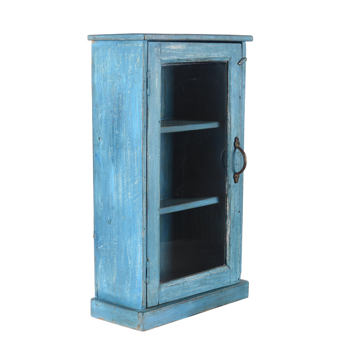 Angled View Of Antique Blue Painted Glazed Large Wall Cabinet - Ca 1920 | Indigo Antiques