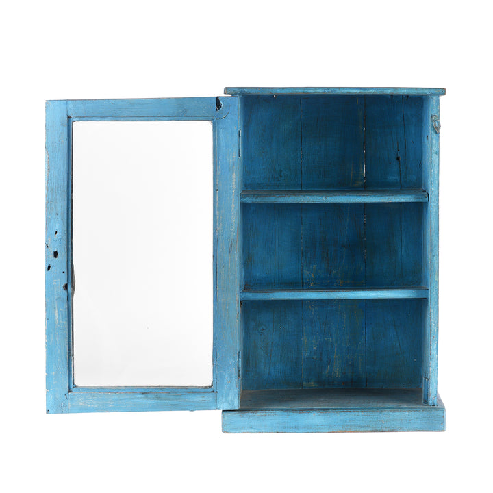 Open Doors View Of Antique Blue Painted Glazed Large Wall Cabinet - Ca 1920 | Indigo Antiques