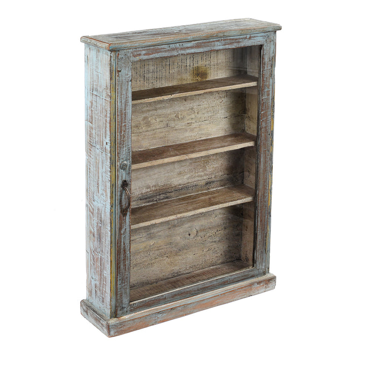 Angled View Of Vintage Blue Painted Glazed Wall Cabinet - Ca 1920 | Indigo Antiques