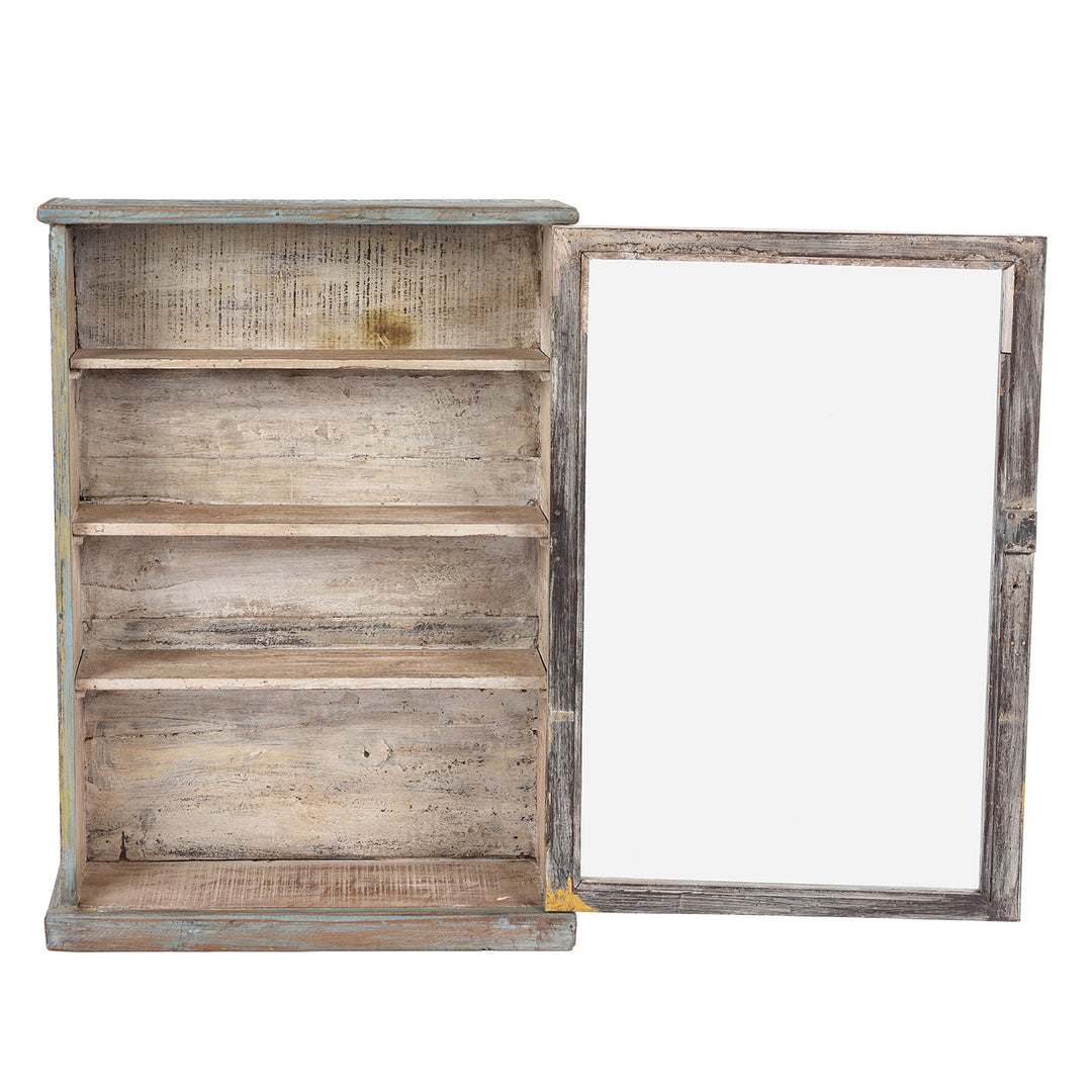 Open Doors VIew Of Vintage Blue Painted Glazed Wall Cabinet - Ca 1920 | Indigo Antiques