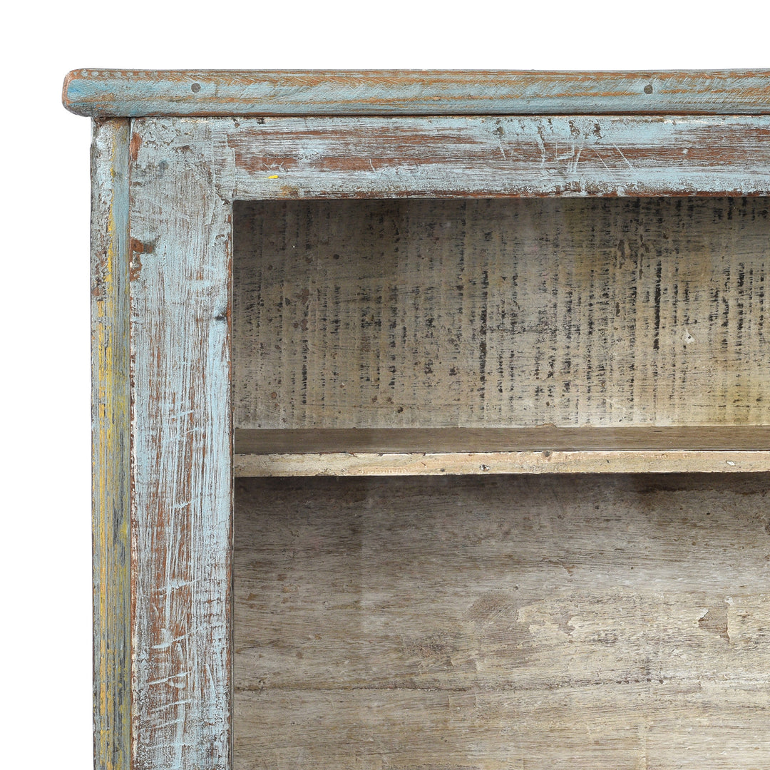 Corner Detail From Vintage Blue Painted Glazed Wall Cabinet - Ca 1920 | Indigo Antiques