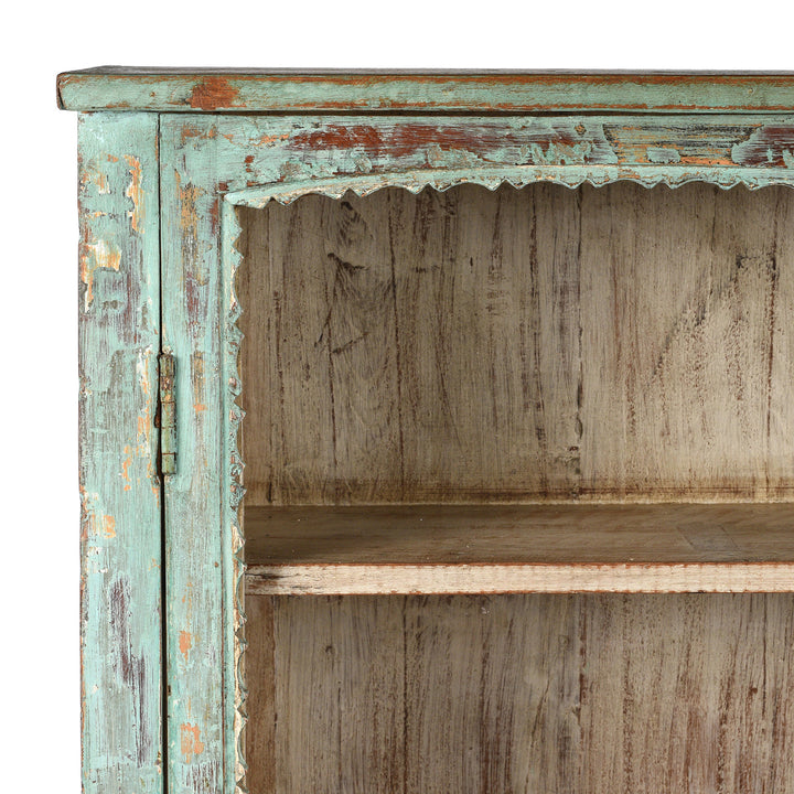 Corner Detail From Antique Green Painted Glazed Wall Cabinet  | Indigo Antiques