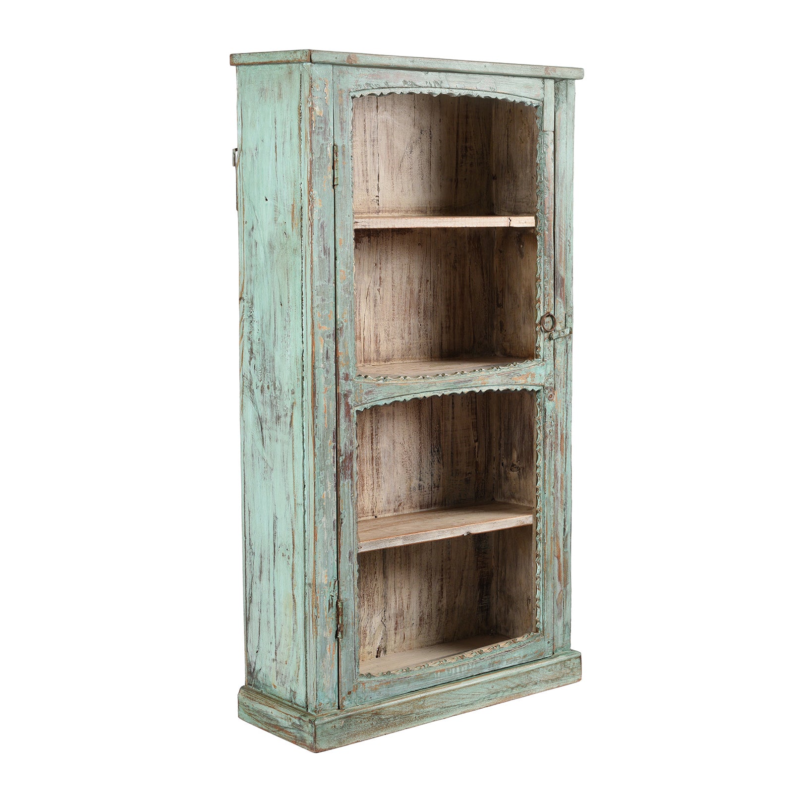 Angled VIew Of Antique Green Painted Glazed Wall Cabinet  | Indigo Antiques
