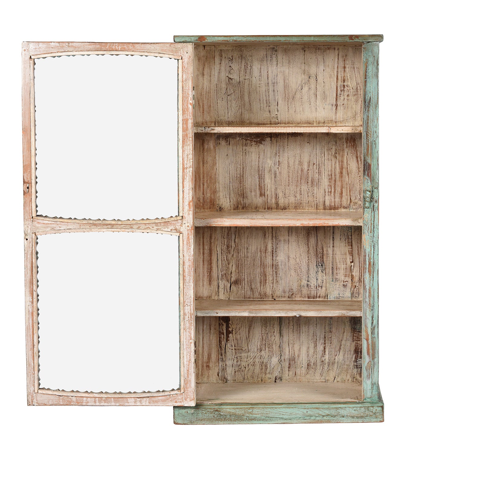 Open View Of Antique Green Painted Glazed Wall Cabinet  | Indigo Antiques