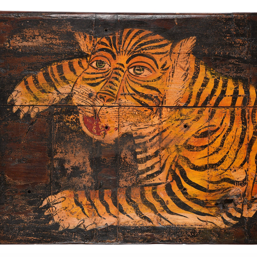 Face Detail From Vintage Painted Leopard Panel From Madhya Pradesh | INDIGO ANTIQUES