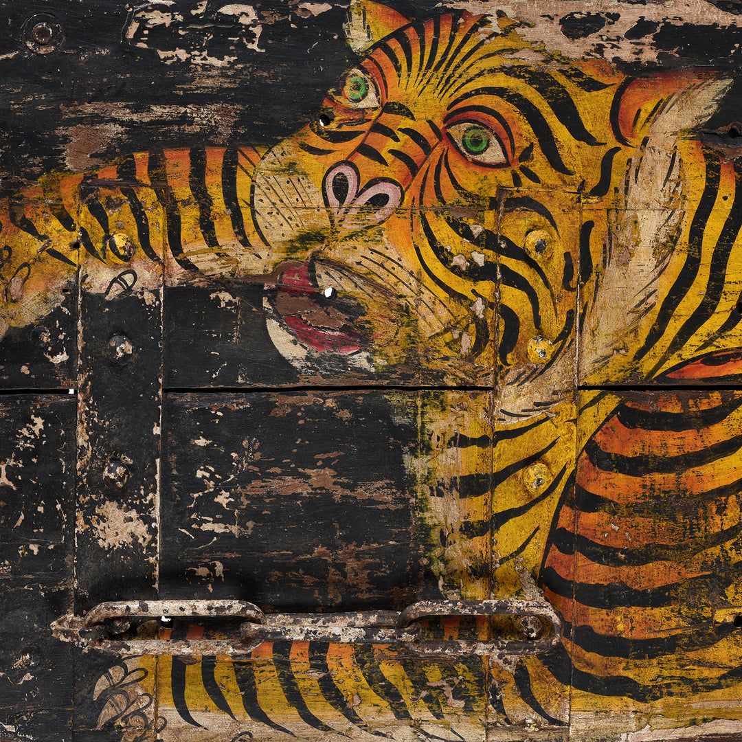 Face Detail From Vintage Black Painted Indian Tiger Panel | INDIGO ANTIQUES