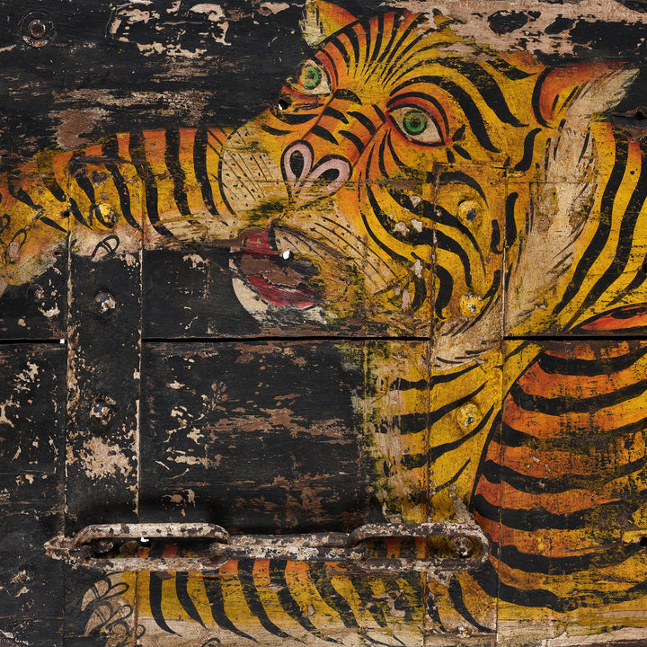 Face Detail From Vintage Black Painted Indian Tiger Panel | INDIGO ANTIQUES