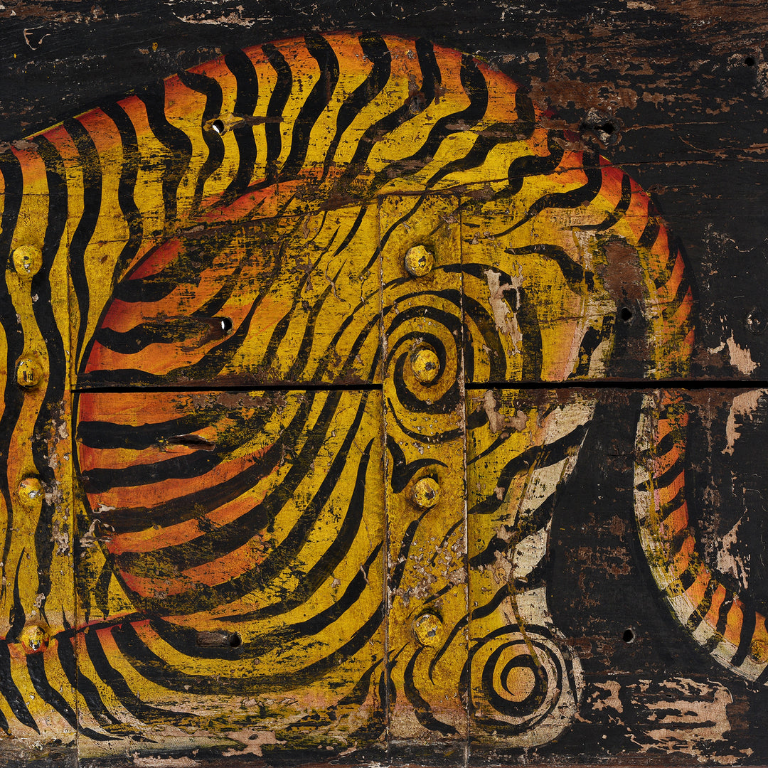 Tail Detail From Vintage Black Painted Indian Tiger Panel | INDIGO ANTIQUES