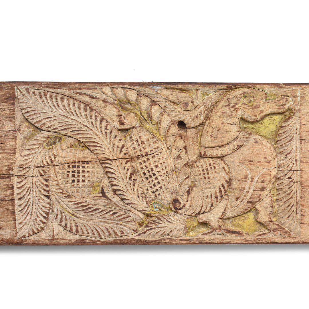 Carved Bleached Teak Peacock Lintel Panel  | Indigo Antiques