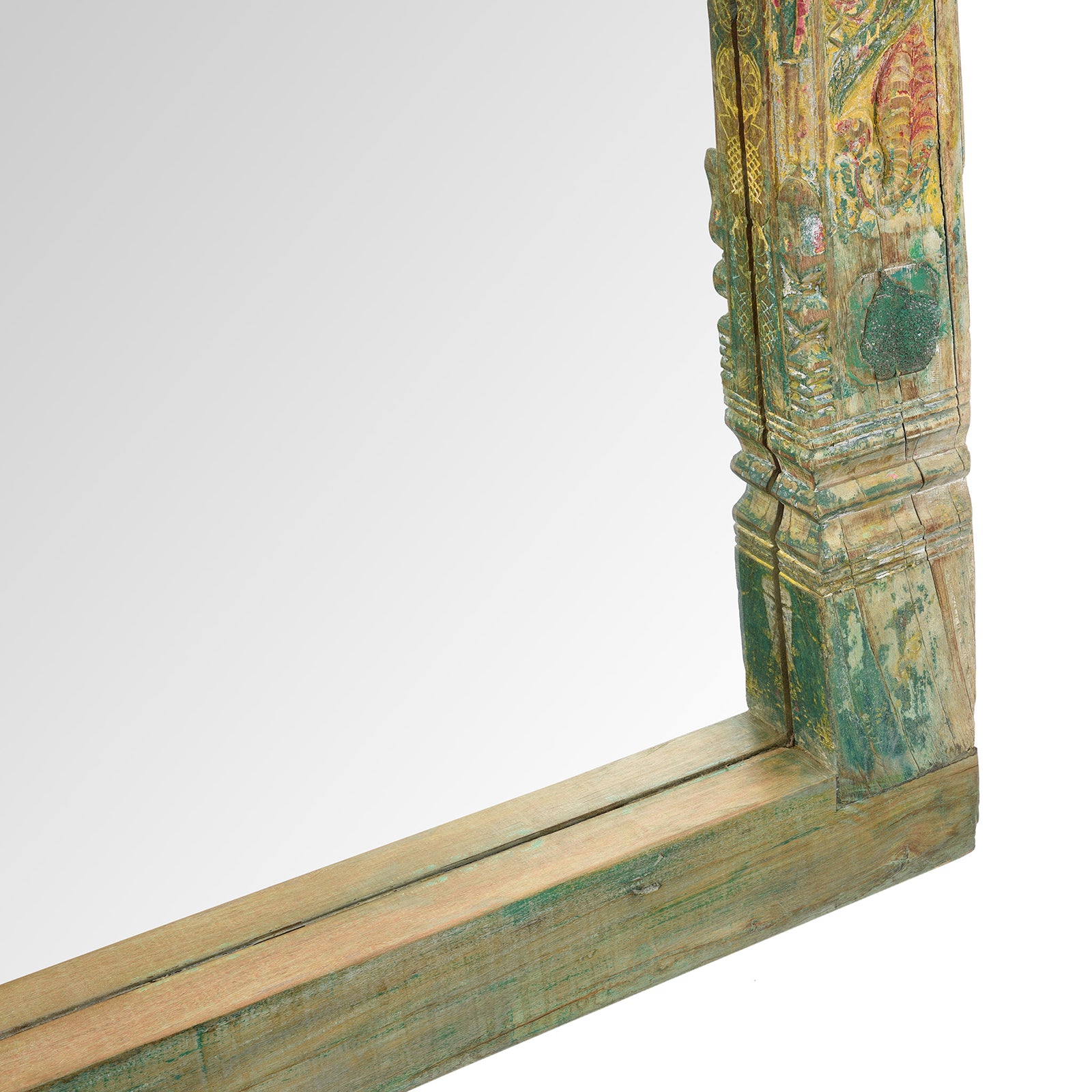 Corner Detail From Yellow Carved Painted Teak Door Mirror From Andhra Pradesh | Indigo Antiques