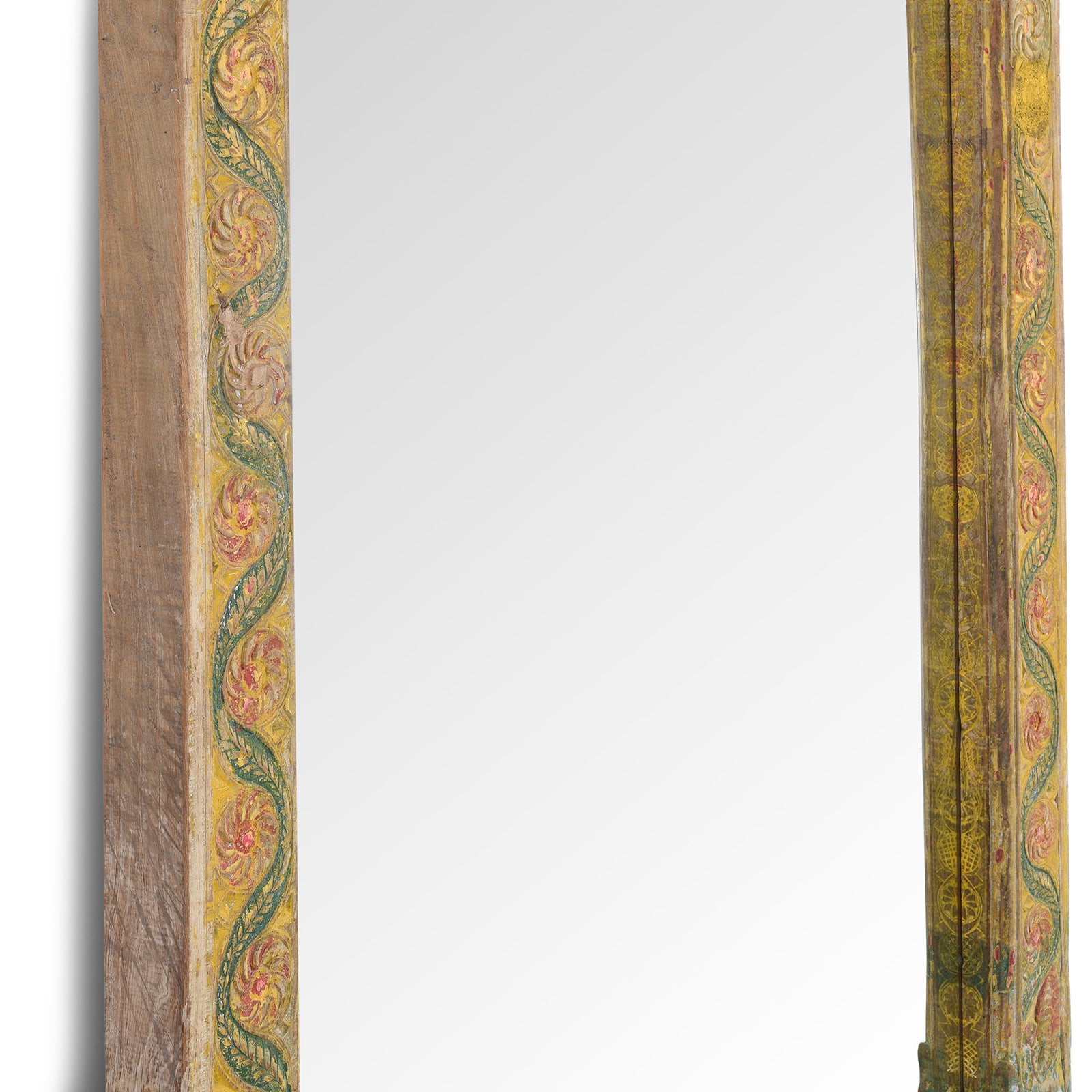 Depth Detail From Yellow Carved Painted Teak Door Mirror From Andhra Pradesh | Indigo Antiques