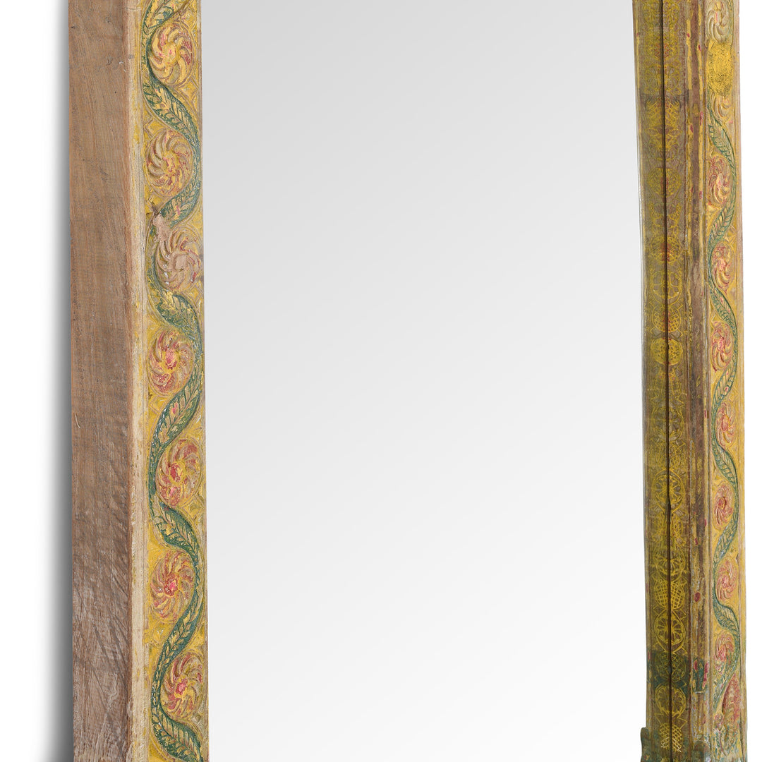 Depth Detail From Yellow Carved Painted Teak Door Mirror From Andhra Pradesh | Indigo Antiques