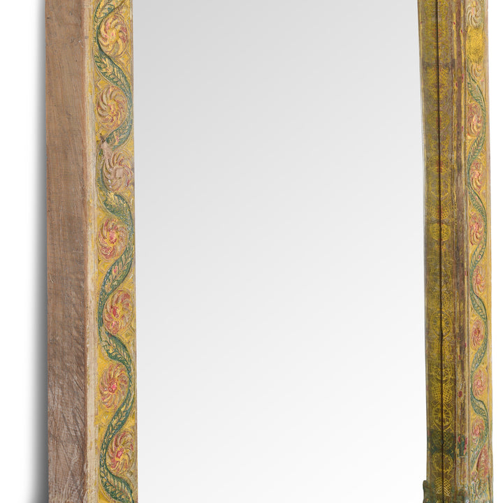 Depth Detail From Yellow Carved Painted Teak Door Mirror From Andhra Pradesh | Indigo Antiques