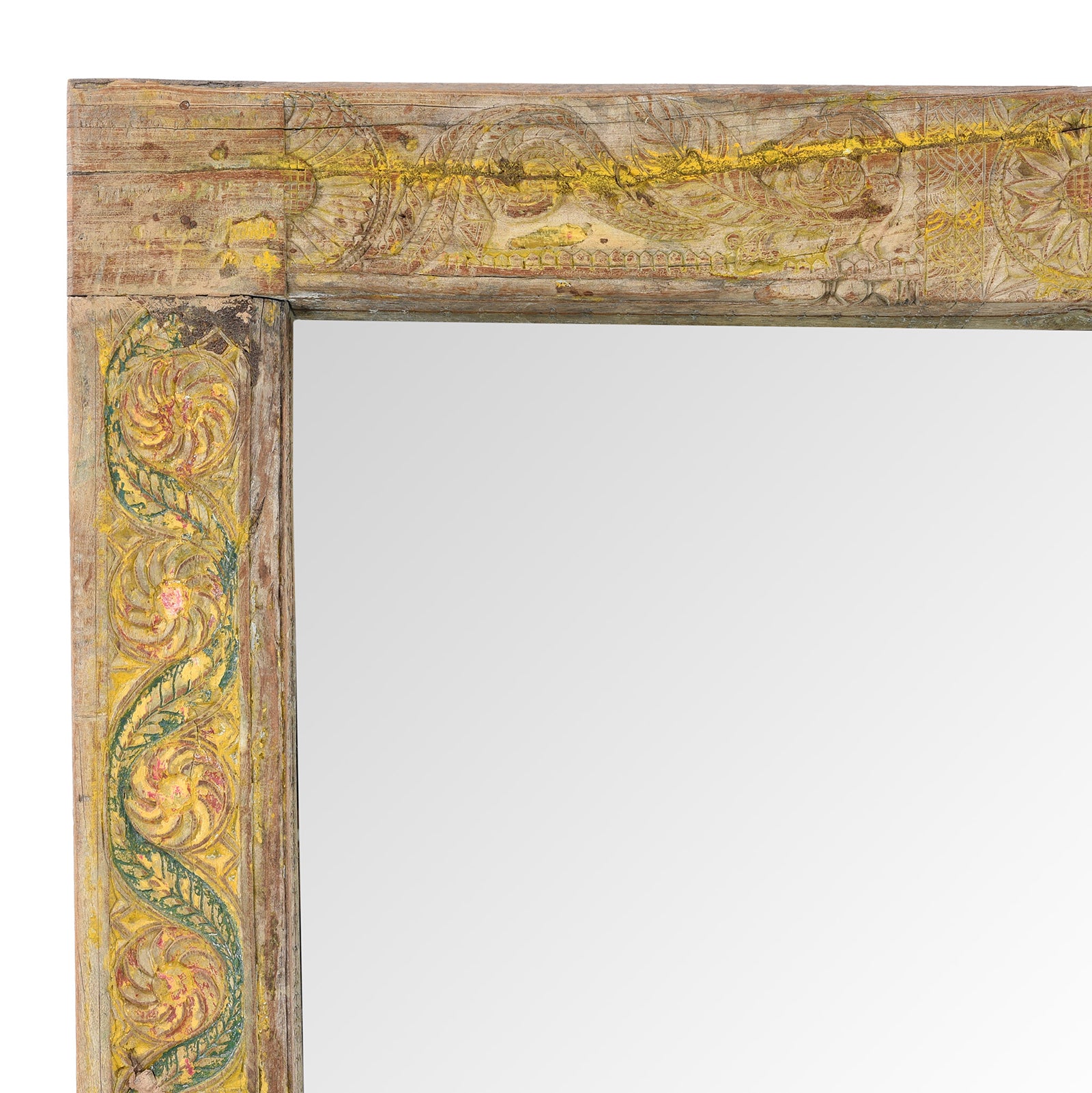 Corner Detail From Yellow Carved Painted Teak Door Mirror From Andhra Pradesh | Indigo Antiques