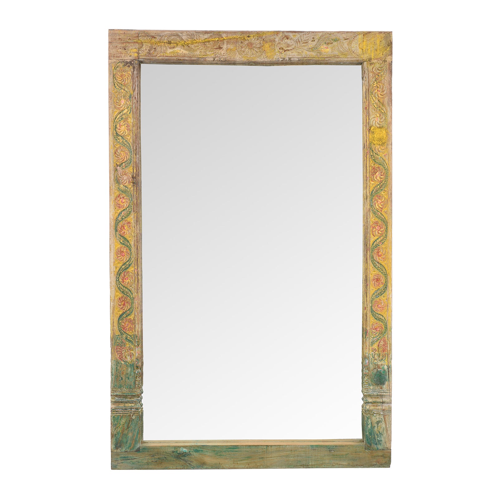Yellow Carved Painted Teak Door Mirror From Andhra Pradesh | Indigo Antiques