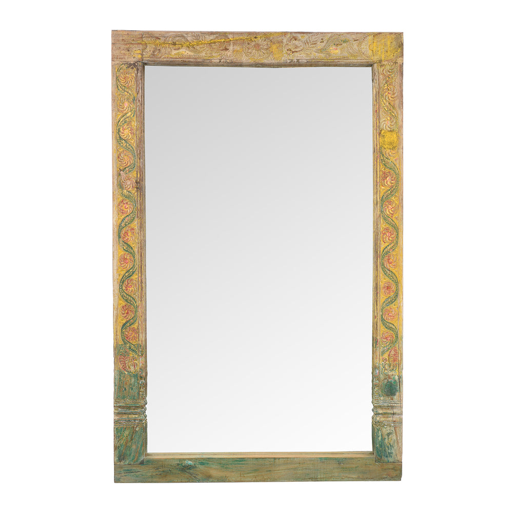 Yellow Carved Painted Teak Door Mirror From Andhra Pradesh | Indigo Antiques