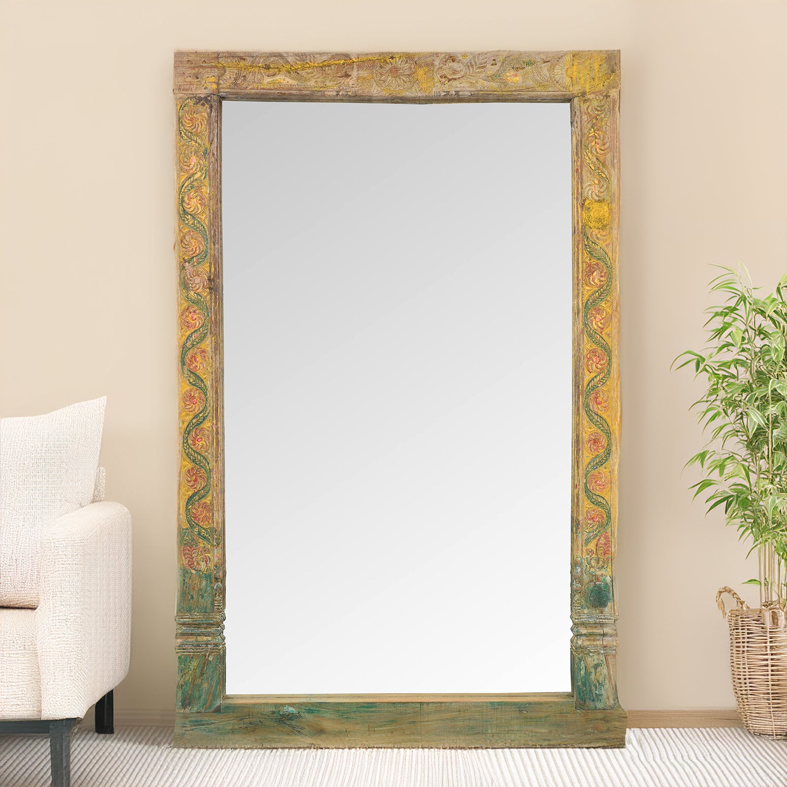 Yellow Carved Painted Teak Door Mirror From Andhra Pradesh | Indigo Antiques