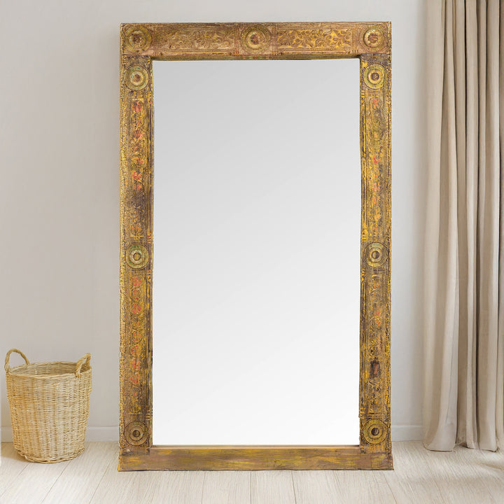 Yellow Carved Painted Teak Door Mirror From Andhra Pradesh | Indigo Antiques