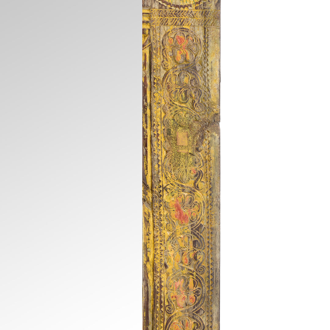 Carving Detail from Yellow Carved Painted Teak Door Mirror From Andhra Pradesh | Indigo Antiques