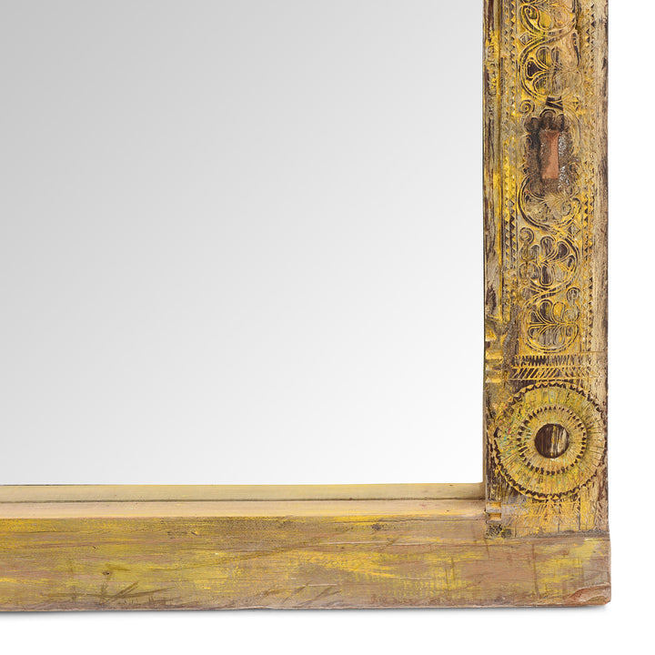 Corner Detail From Yellow Carved Painted Teak Door Mirror From Andhra Pradesh | Indigo Antiques